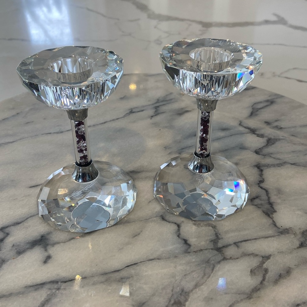 Pair of Beautiful Signed Oleg Cassini Crest Crystal Candlestick Holders
